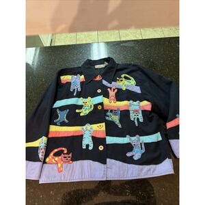 Life Style Petite Cat Blouse Shirt Top Button Colorful Cool Cat Lady PL Jacket